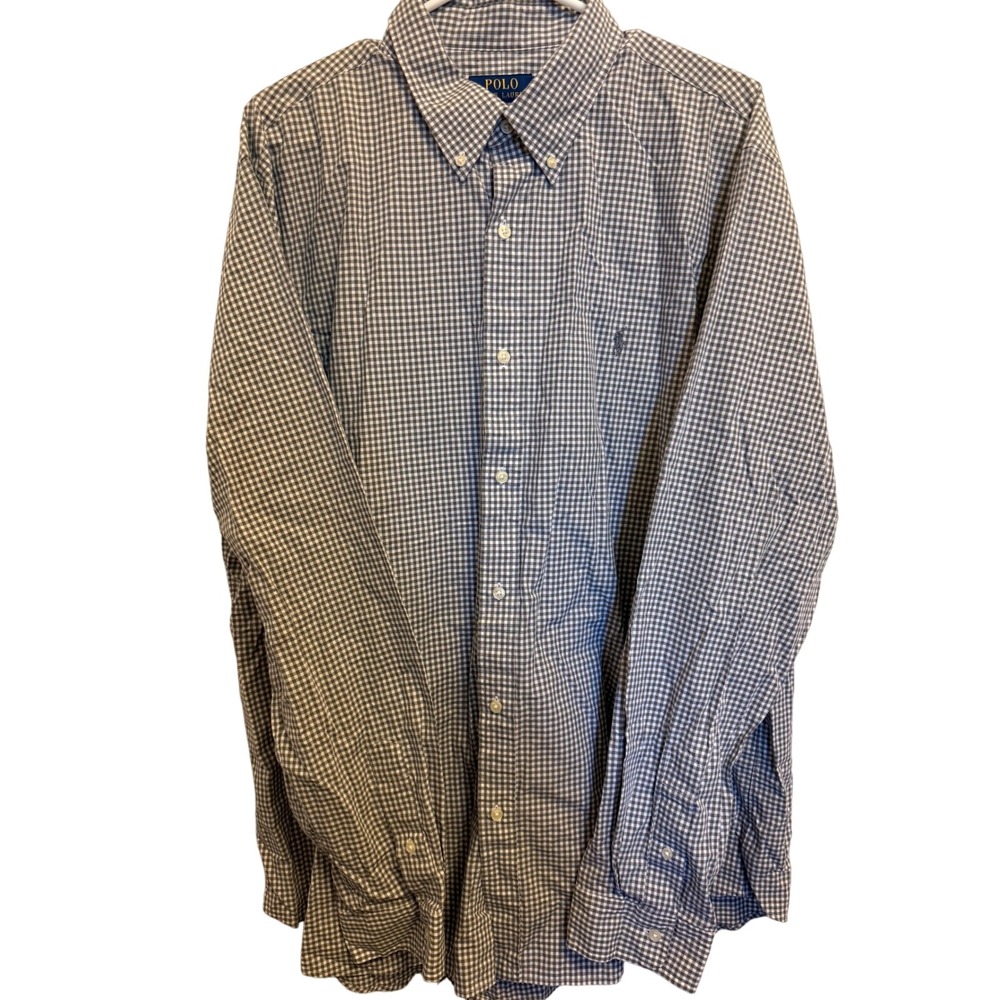 Polo Ralph Lauren Mens XXL Classic Fit Gingham Check Stretch Shirt Grey White